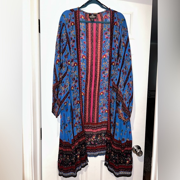 Angie Vintage Bohemian Multicolor Floral Blue Kimono Coverup Cardigan Flowy Top - Picture 2 of 14